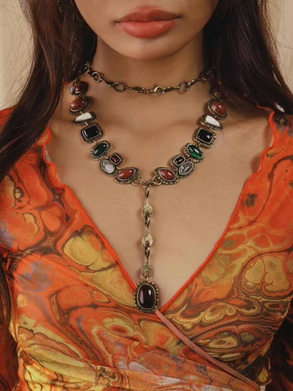 Bohemian Created Turquoise Beaded Y-Necklace, Turquoise-toned Multi-shaped Penda - Picture 4 of 8